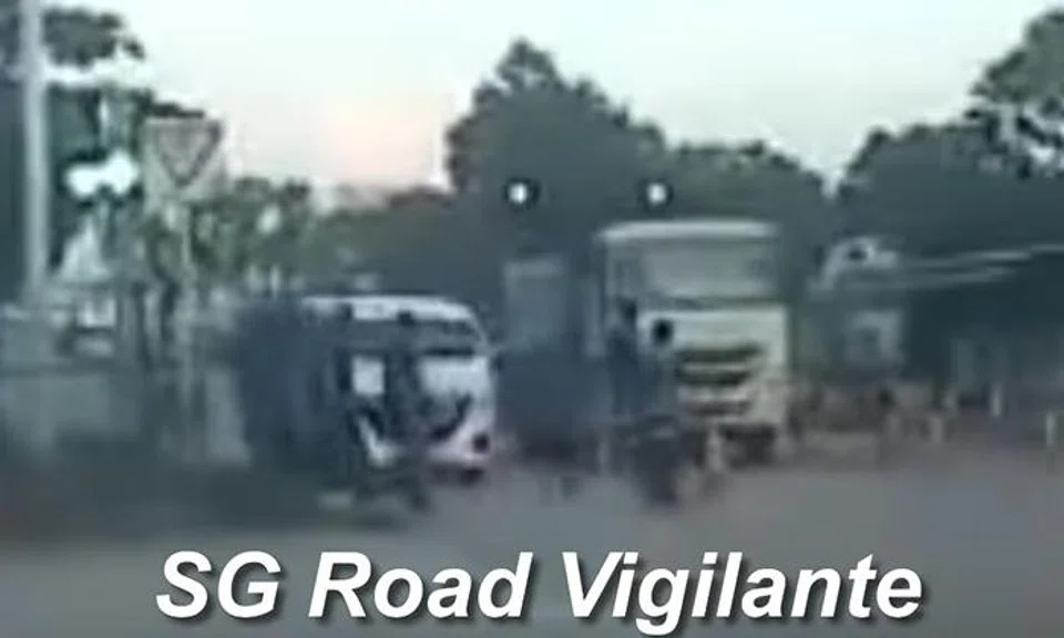 Van nearly hits group of workers crossing road at Jurong Island