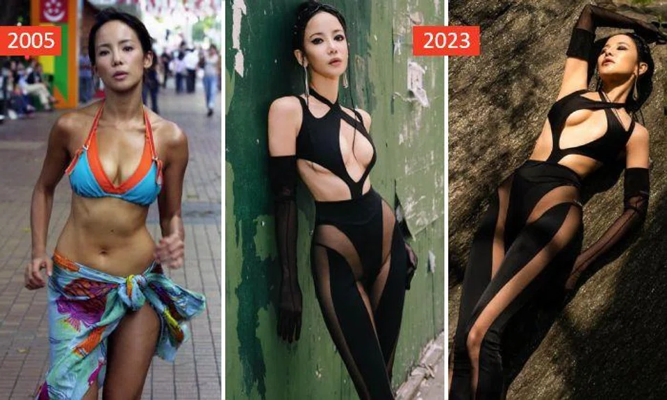 Left: Fiona Xie in a scene from The Champion. Right: Photos of her in a H&M Mugler design she shared on Instagram.