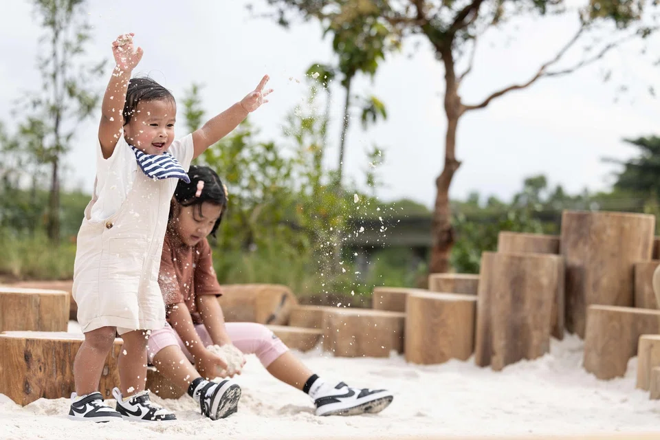 The east section of Tampines Boulevard Park’s nature-inspired play garden has a rustic charm.