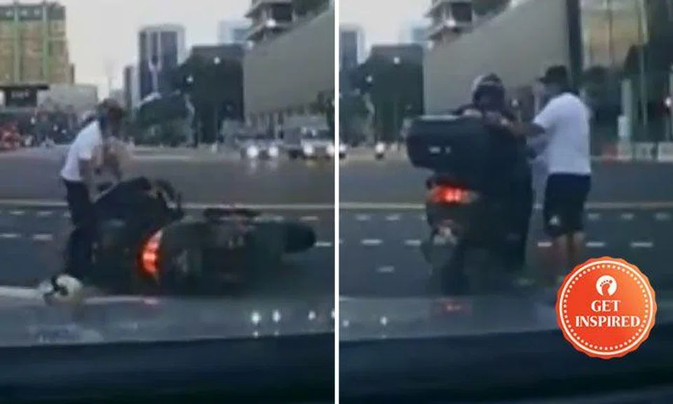 Driver rushes to aid of motorcyclist who lost balance and fell at Eu Tong Sen Street junction
