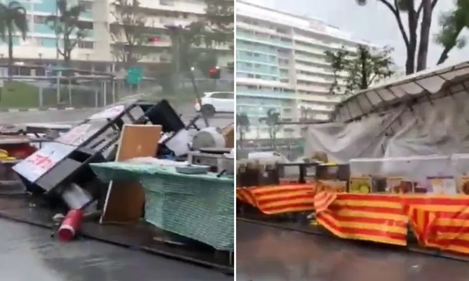 Part of the tent sheltering a pasar malam next to Golden Village Yishun collapsed due to heavy rain and strong winds.