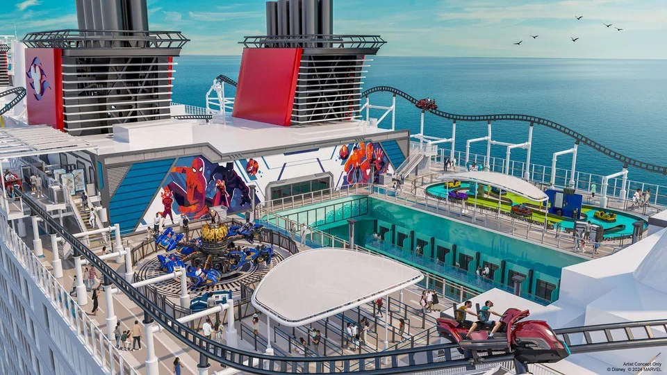 The Disney Adventure will feature seven themed areas, such as Marvel Landing, which will have the world’s longest roller coaster at sea. 