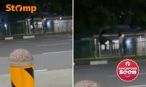 2 men climb over road divider near Nibong LRT station -- when overhead bridge is nearby