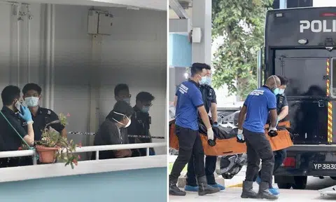 When officers turned up at the 11th-storey flat in Block 285 Tampines Street 22, they found the two lying motionless. Photos: Shin Min Daily News