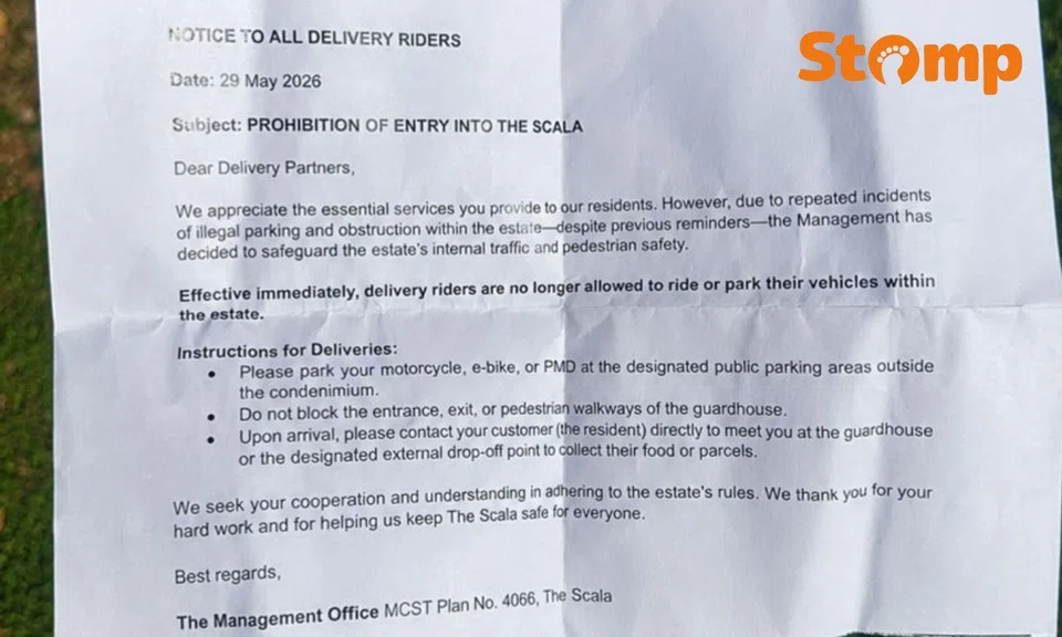 serangoon condo imposes parking ban on delivery riders