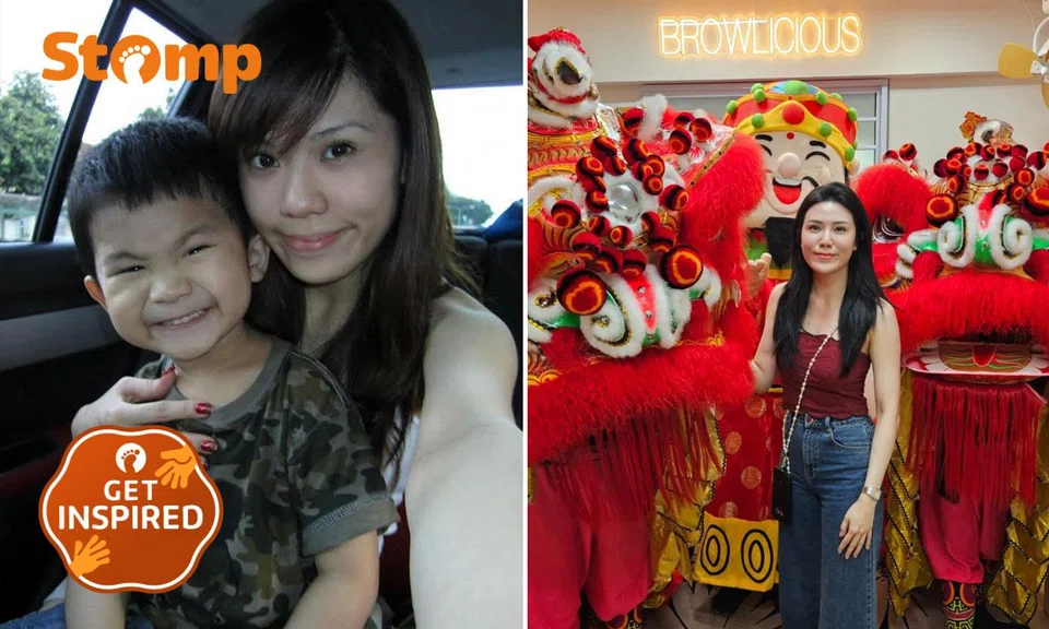 Samantha Koh with her son Shinn when she was 19 years old (left) and her now (right).