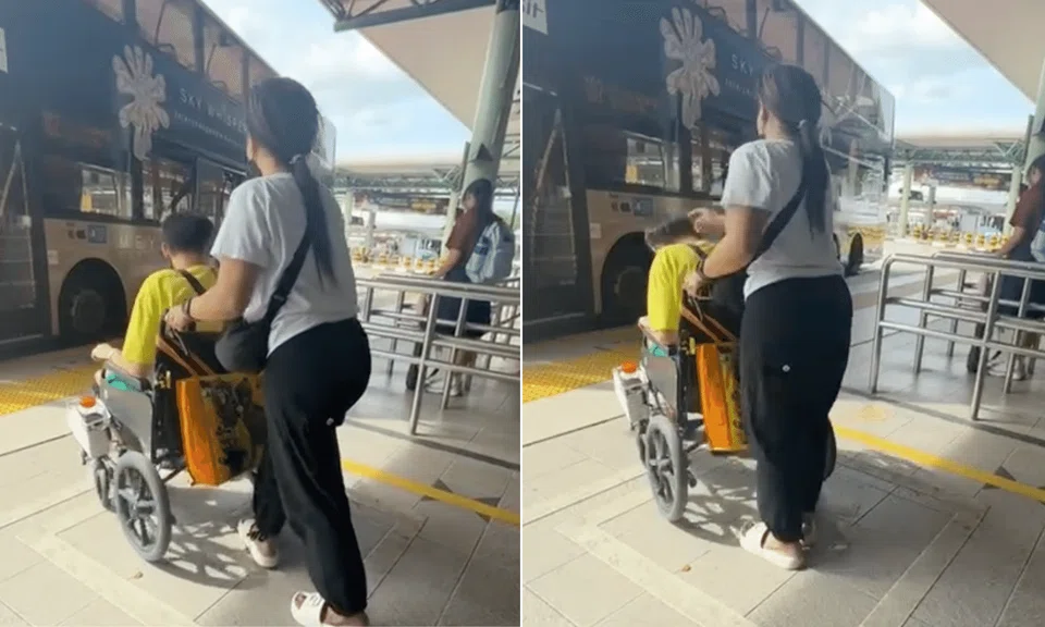 On the left half of the cover photo, a woman is waiting for the bus with a boy in a wheelchair. On the right half, she is seen pushing the boy's head.