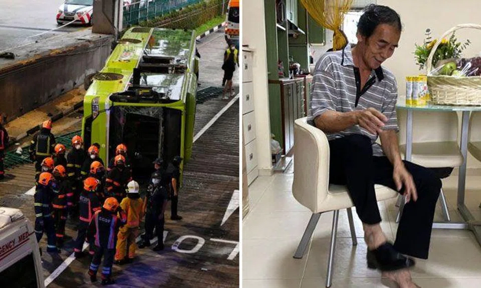 Mr Mohammad Salleh Mian (right) who was driving the bus that fell on its side in the Bukit Batok bus interchange collision has been discharged from the hospital. PHOTOS: KUA CHEE SIONG, TOWER TRANSIT