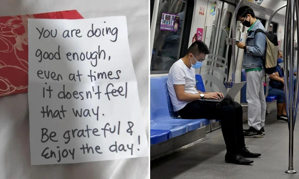 stranger hands out notes of encouragement to mrt commuters woodlands