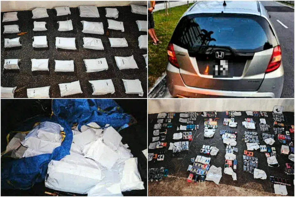 Health Sciences Authority officers called to the scene seized a total of 115 e-vaporisers and 258 vaporiser components from Ang Boon Hong's car on Aug 28. PHOTOS: HEALTH SCIENCES AUTHORITY