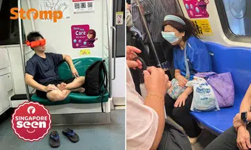 Blindfolded commuters on MRT trains