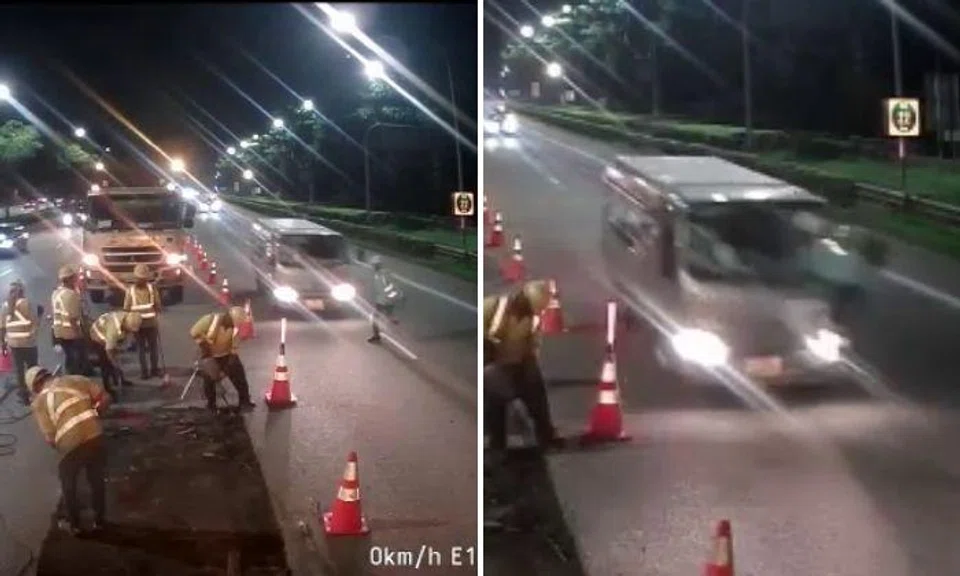 A video circulating online shows a group of men doing roadwork in the middle of the six-lane expressway as one man was waiting at the roadside waiting to cross the road.