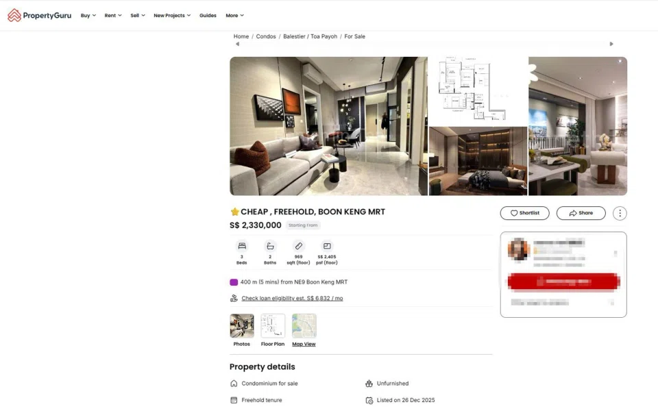 In a misleading advertisement, a PropNex agent had listed a three-bedroom unit at the freehold Arcady condominium for $2.33 million. PHOTO: PROPERTYGURU