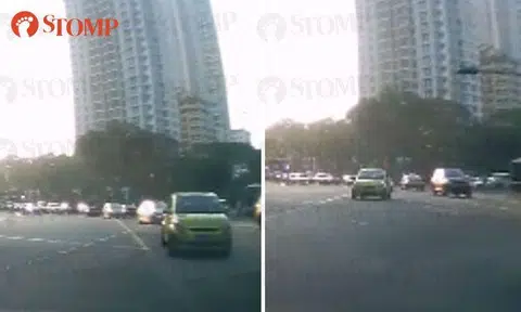 See how close car making illegal right turn comes to ramming into motorist's vehicle at Novena