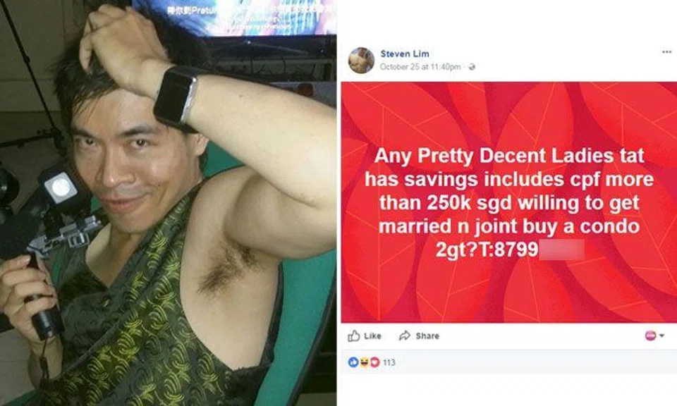 Steven Lim looking for 'pretty decent ladies' with over $250K in CPF to marry and buy condo, any takers?