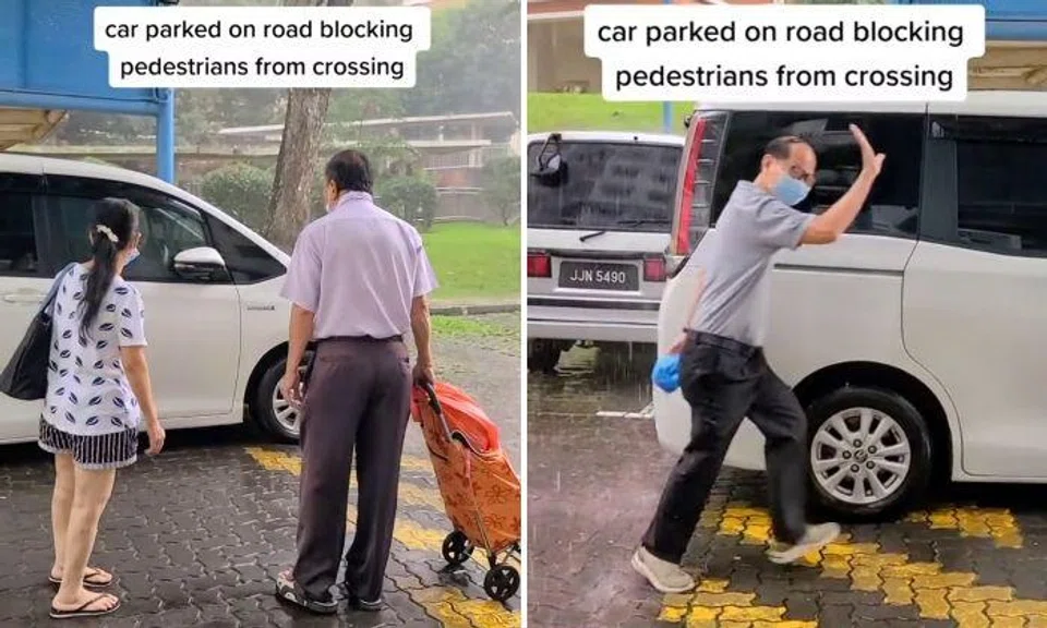 : "There's a car parked here illegally, blocking the pedestrians' way and it's raining heavily."