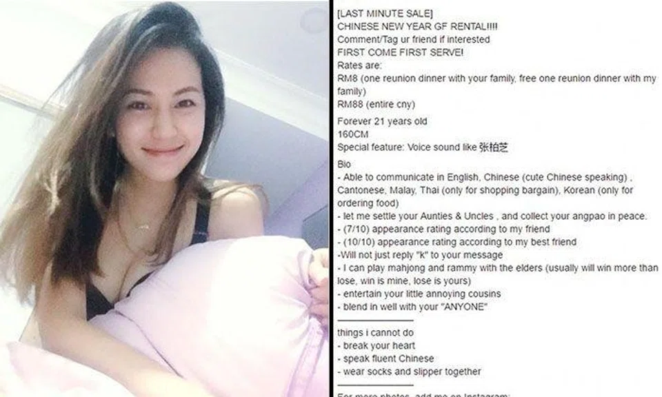 Pretty Malaysian girl's witty 'rent a GF for CNY' ad wins the internet
