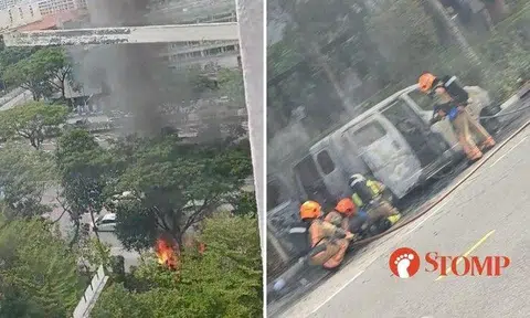 Stomper Star shared a video of the burning vehicle taken from Block 221 Lorong 8 Toa Payoh, where four small explosions can be heard.