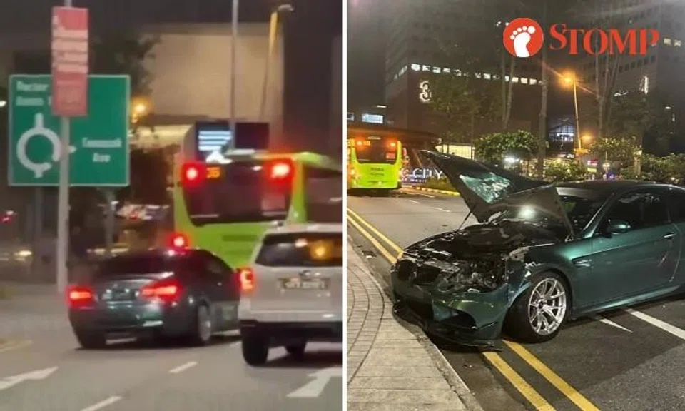 A BMW overtaking another car crashed into a bus outside Suntec City.