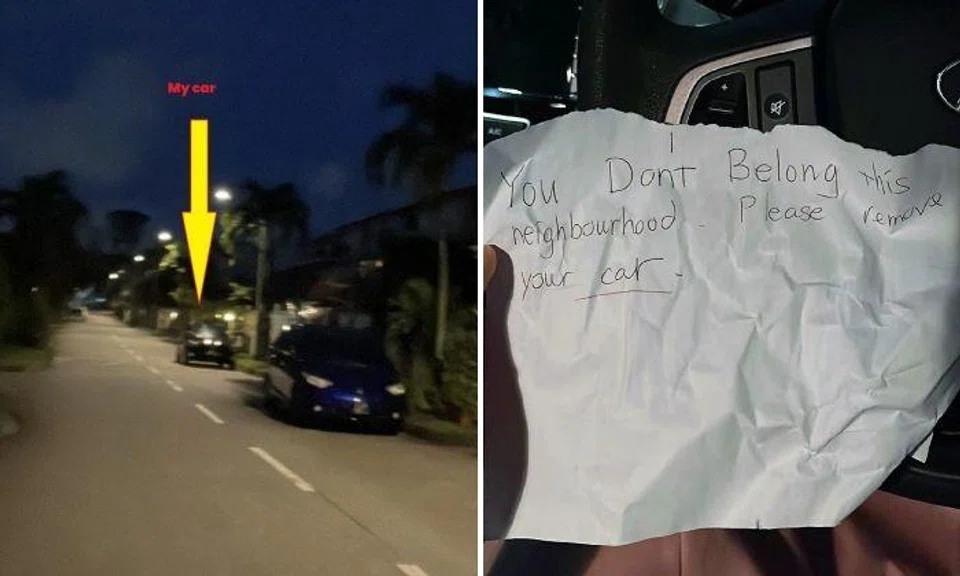 A woman had parked her car along a street of private houses in Lorong Chuan for three days while she was staying at her mother’s HDB flat nearby. When she came to collect her vehicle on Feb 1, a handwritten note was left for her. 