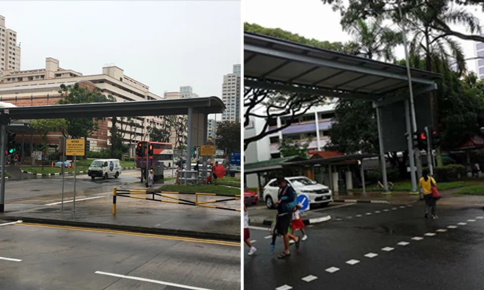 An isolated shelter at Bishan Street 13 (left) and a shelter built next to a traffic crossing (right)