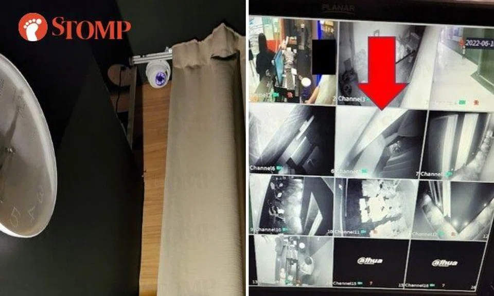 The CCTV camera in the room and monitor at the payment counter. The arrow indicates the room the Stomper was in.