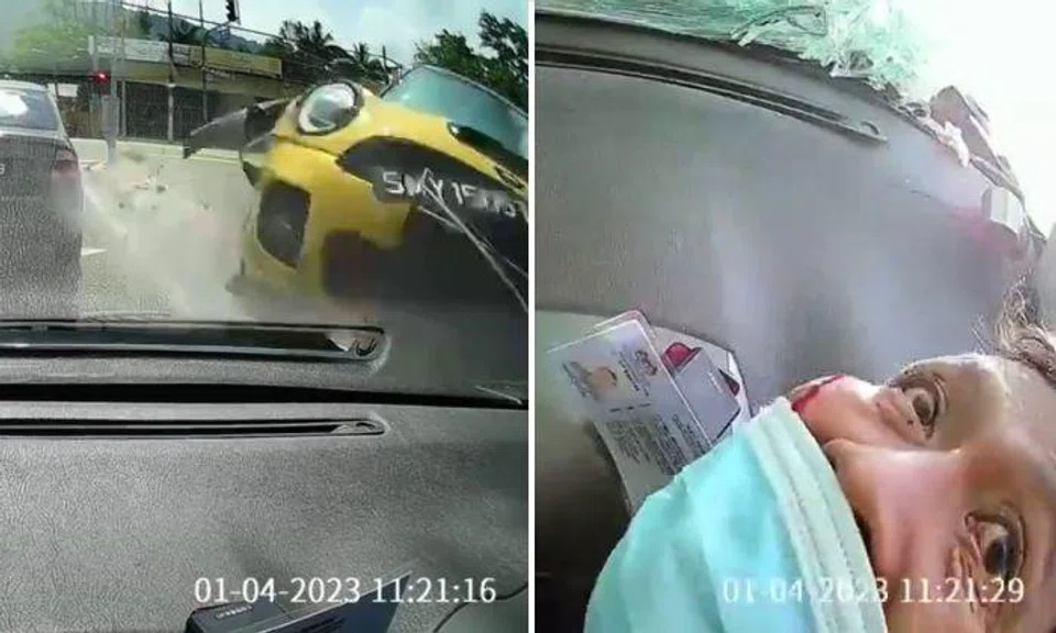 In the 35-second dashcam footage posted by Ms Nuraini on Twitter on Tuesday, the Mini Cooper could be seen making a sharp left turn before driving over a road divider and crashing into the Toyota, shattering its windscreen. Mr Za’abar was then seen crawling out of his vehicle, with a cut on his face.