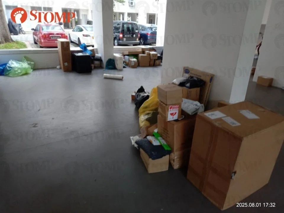 Parcels strewn all over the void deck of Block 329 Woodlands Street 32