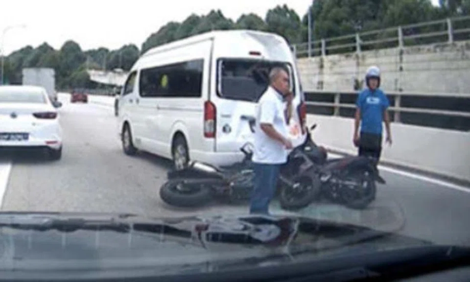 The motorcycle struck another motorcycle and the rear of a minibus.