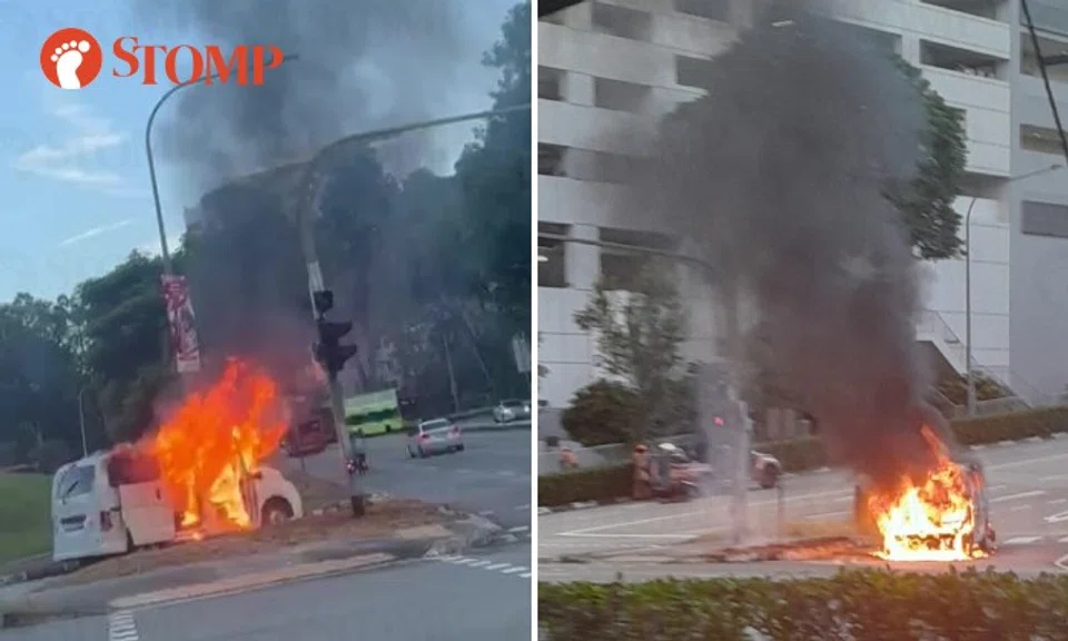 Stomper RA and Anonymous share videos of the burning vehicle at the corner of Serangoon Avenue 2 and Upper Serangoon Road.