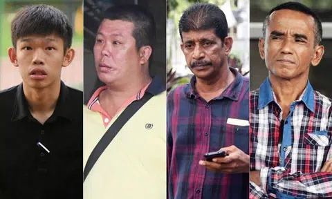 (From left) Chay Wen Fu and Yu Teck Hoon are suspected to be members of Hai Lok San while Abdul Ghani Mustaffa and Adam Malik Bahtiar are suspected to be members of Sio Kun Tong. Both gangs are part of the "18" group, an infamous secret society. Photos: Shin Min Daily News