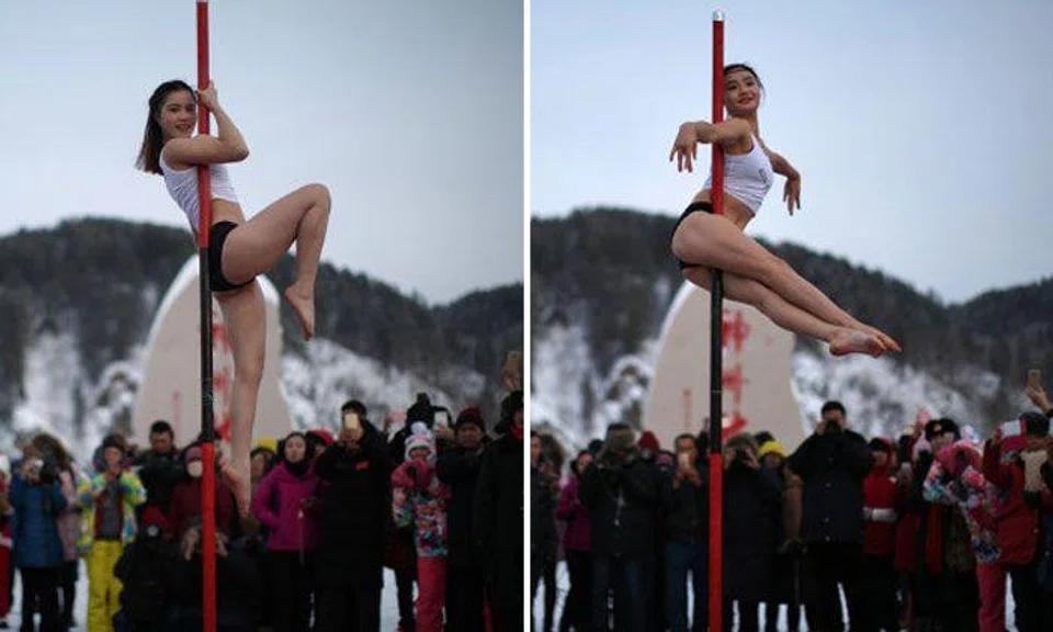 Hot or cold? China's pole dancing team performs in freezing village