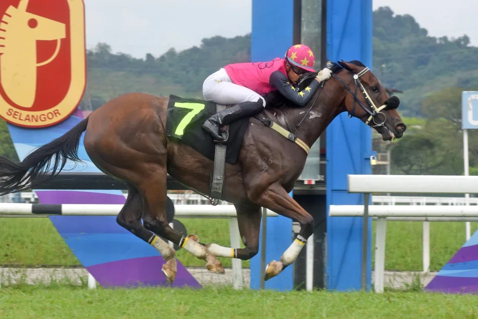 Heart Of Fire (Andre da Silva) leading all the way in the Class 3 event (1,020m) at Sungai Besi on Jan 4. He looks well prepared for his next race on March 23.