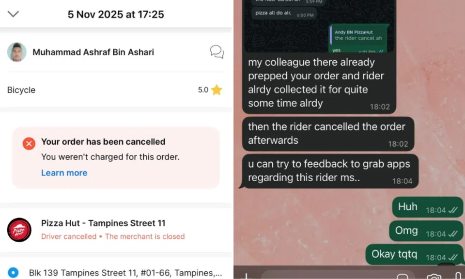 Reddit screenshots of the Nov 5 order appeared to show a Pizza Hut staff member confirming the GrabFood driver had collected it before it was cancelled.