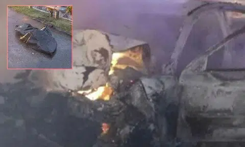 The burning wreckage of the car and the charred remains of the driver (left inset)