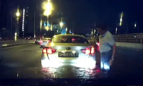 Cabby cuts into driver's lane, jams on brakes then stops taxi in the middle of expressway