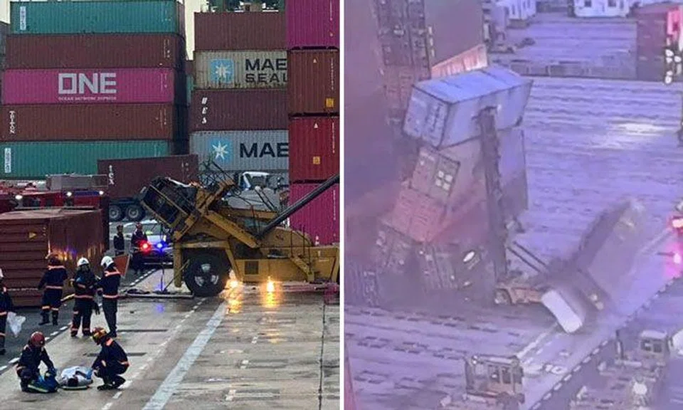 Port operator PSA Singapore confirmed the incident happened at the container yard at Pasir Panjang Terminal 3 at about 6.40am. PHOTO: ST READER