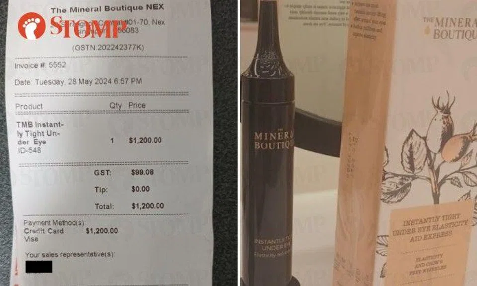 Stomper Amos shared a photo of a receipt dated May 28 from a shop called The Mineral Boutique for a product called Instantly Tight Under Eye Elasticity Aid Express.