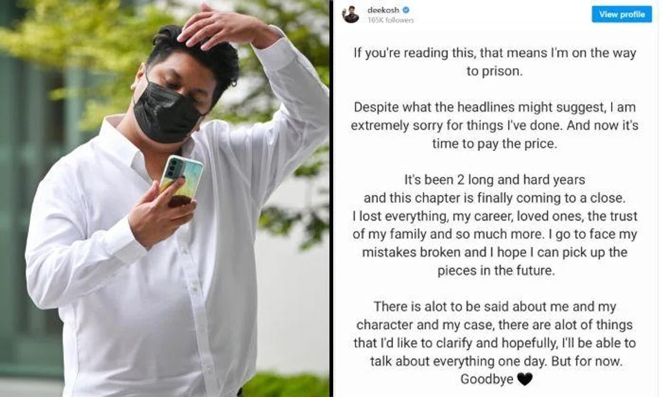 In an Instagram post uploaded "on the way to prison", Dee Kosh said he was "extremely sorry" for the things he has done and that "now it's time to pay the price". 