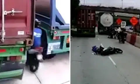 Rider who squeezed between two heavy vehicles killed after being run over by trailer