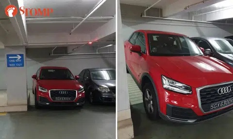 Audi driver parks on ramp at United Square, prevents woman carrying baby and stroller from using it