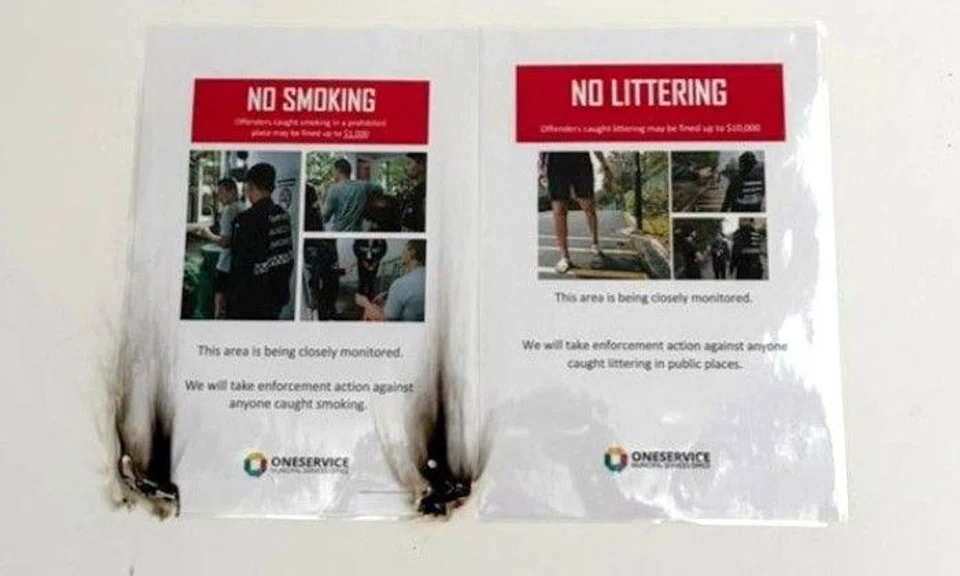 The "no smoking" and "no littering" posters were put up near a lift landing by the Tampines Town Council. 