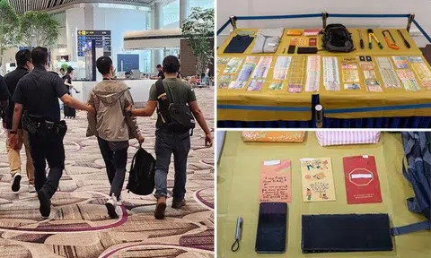 The man tried to flee the country the next day on Sept 2 but was nabbed at the departure area in Changi Airport Terminal 4. PHOTOS: SINGAPORE POLICE FORCE, GAVIN FOO