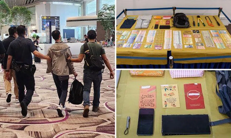 The man tried to flee the country the next day on Sept 2 but was nabbed at the departure area in Changi Airport Terminal 4. PHOTOS: SINGAPORE POLICE FORCE, GAVIN FOO