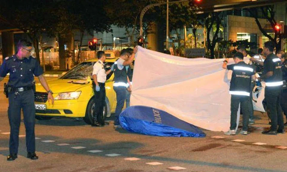 A 49-year-old taxi driver was arrested on Sunday (April 9) night after he drove into a foreign worker, who died on the spot. PHOTO: SHIN MIN DAILY NEWS