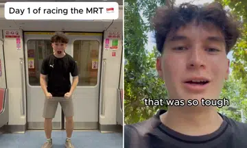 Man races the MRT between Shenton Way and Marina Bay