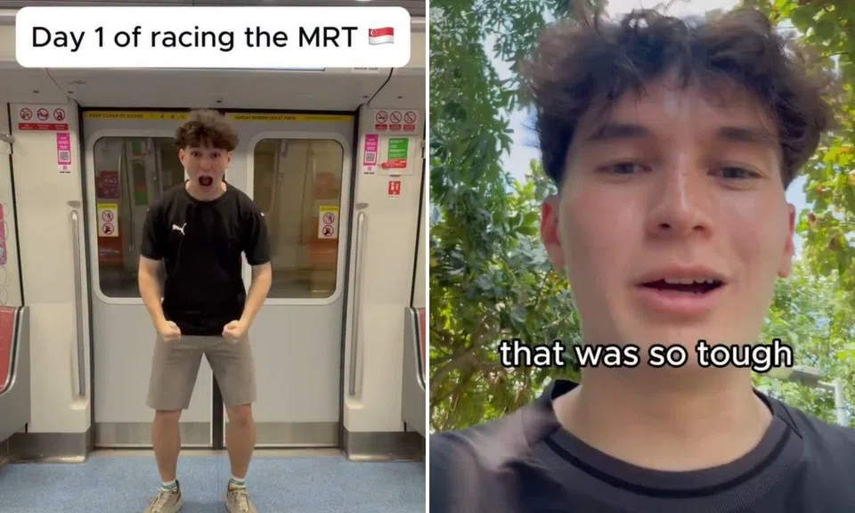 Man races the MRT between Shenton Way and Marina Bay