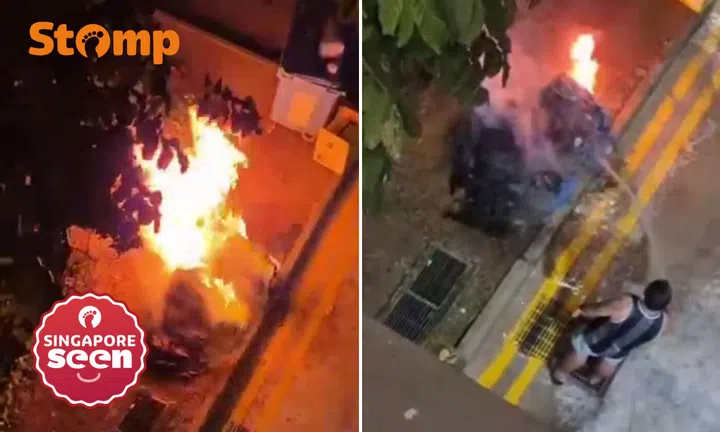 Sengkang fire, recycling bin fire, resident fights fire
