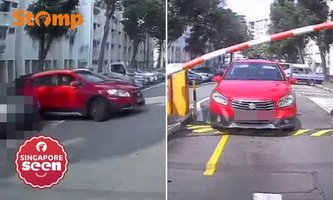 Stomper accuses ‘cheapskate’ red car of tailgating him to exit Aljunied carpark