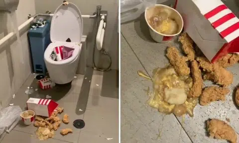 Someone brought a KFC meal or two to a handicap toilet and left a massive mess behind.